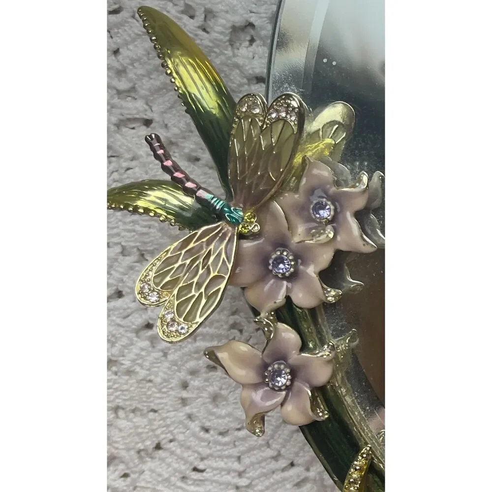 Vtg MCM Dragonfly Mirror Enamel Rhinestone Floral Jewelry Table Top Vanity Decor